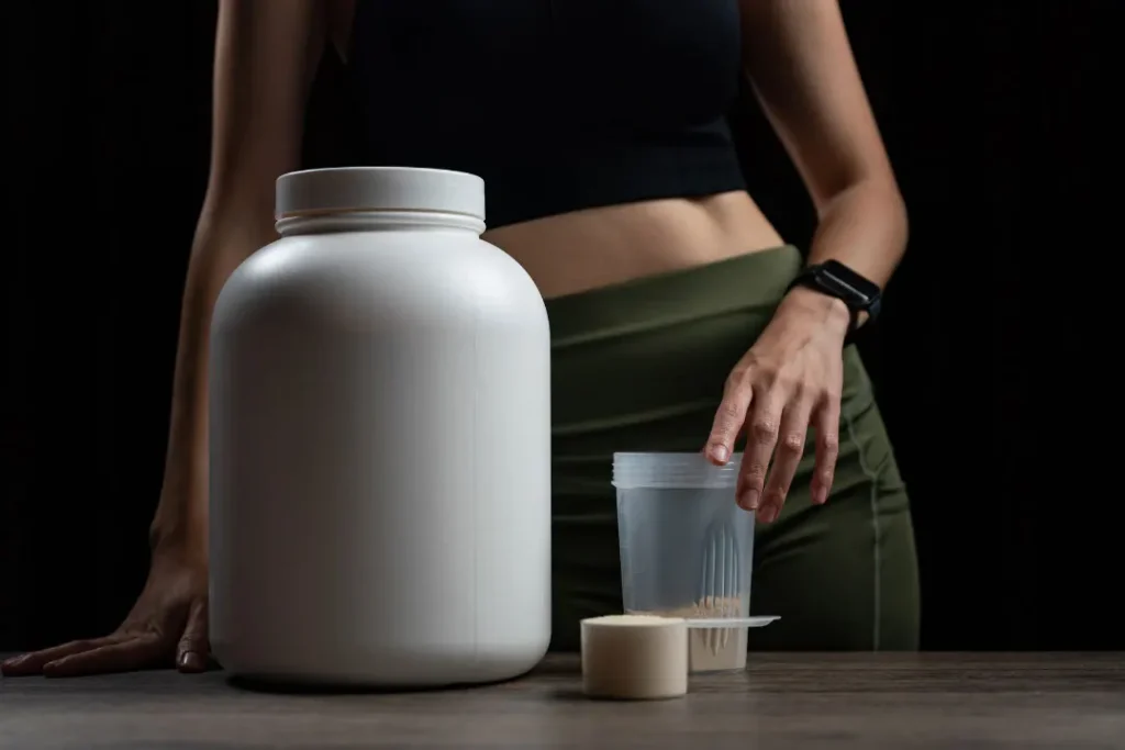 close up shot of women and protein powder